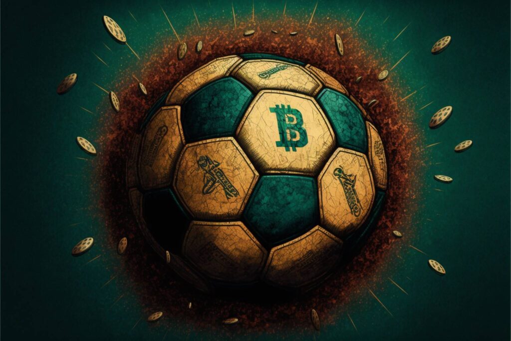 Un balón de fútbol con un sello de Bitcoin